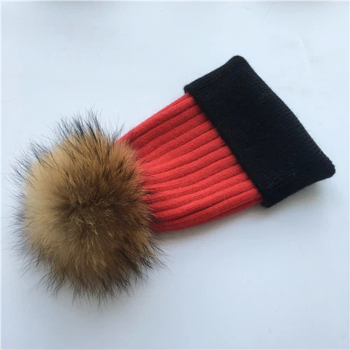 Red-black N Зимняя шапка, модная шапка с натуральным мехом, женские шапки с помпоном, кашемировый шерстяной вязаный берет, меховая шапка с помпоном, шапка с большим мехом енота - Цвет: Red-black N