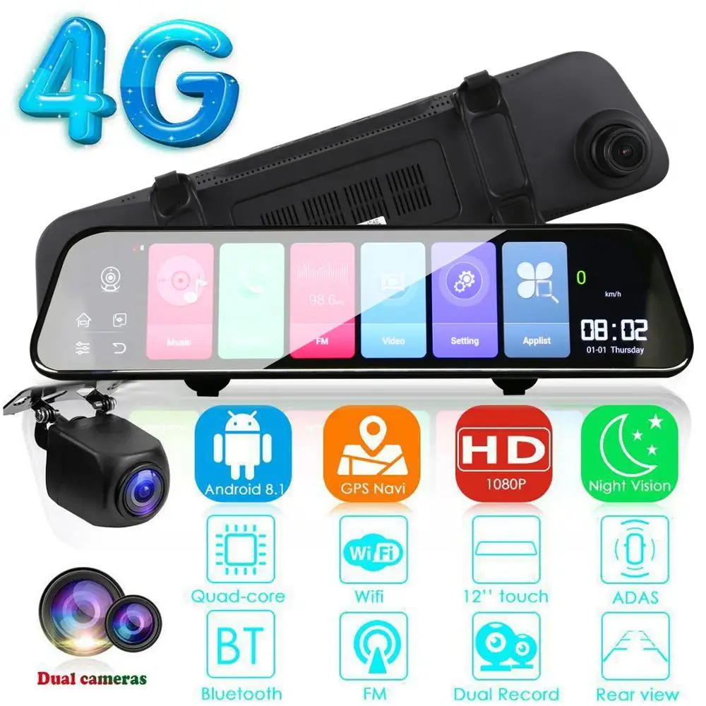 12 дюймов Android 8 1 Adas Dash Cam Автомобильный видеорегистратор Gps Bluetooth навигация Fhd видео
