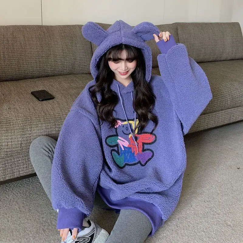Bear ear hat pullover hoodie imitation lamb wool Korean winter ladies hoodie 2020 new Harajuku
