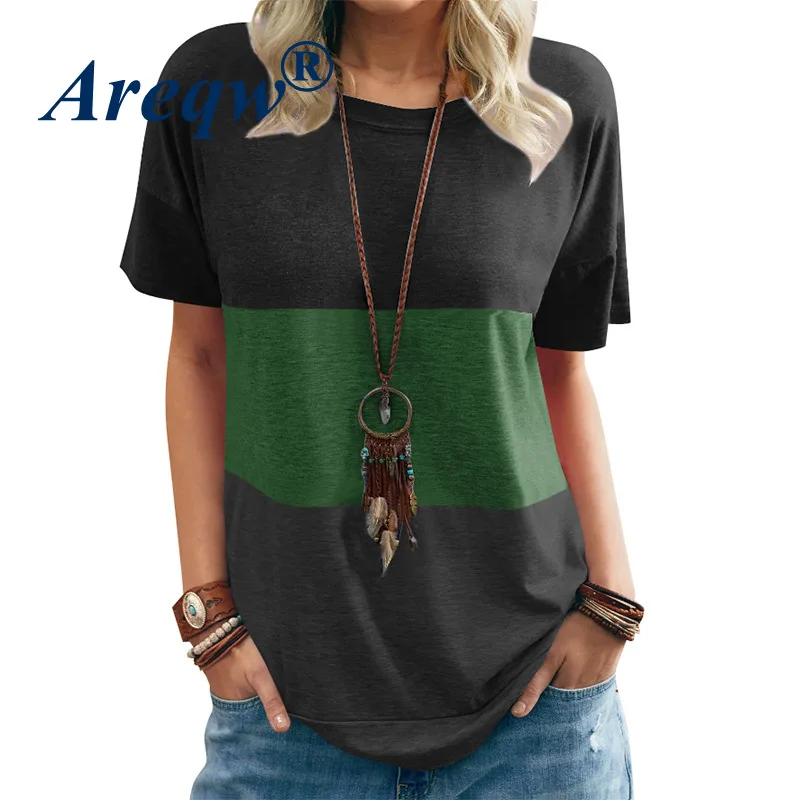 

2021 Spring and Summer New Women's Contrast Color T-shirt Pocket Round Neck Short-sleeved Loose Top