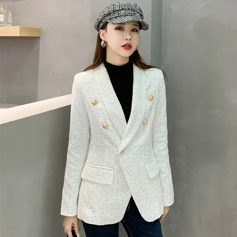 Женский твидовый блейзер с вышивкой подиумный золотыми пуговицами из смеси