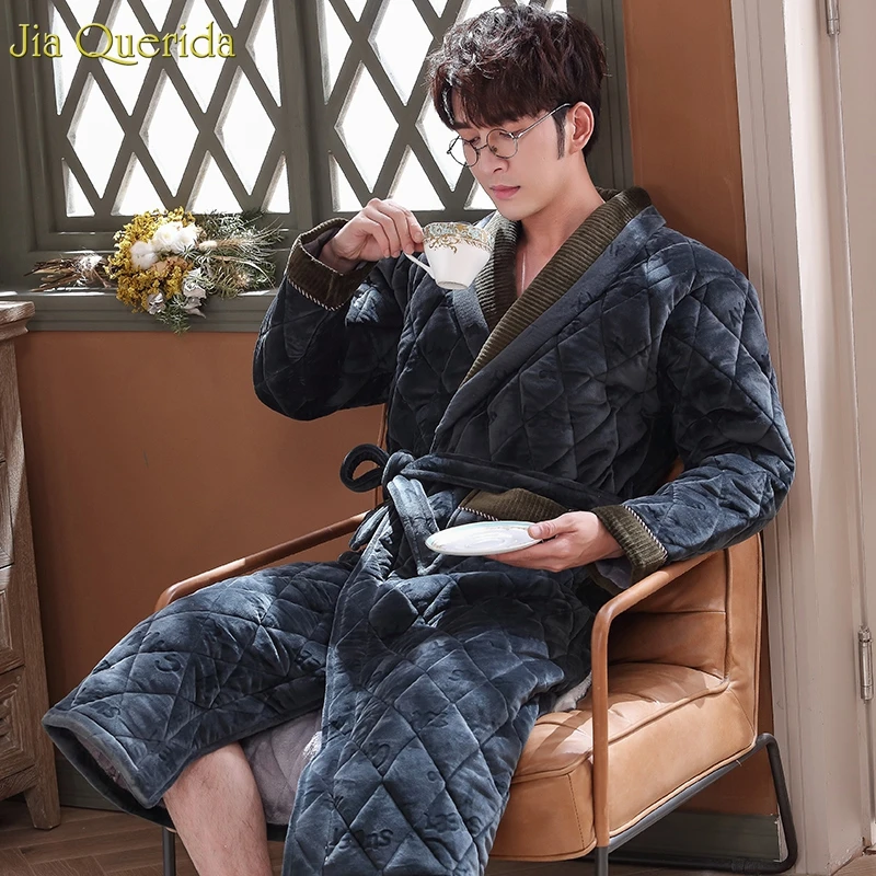 Mens Bath Robes Long Winter Thick Cozy Housecoat Luxury Velvet Kimono 3 Layer Padded Thick Warm Dress Gown Winter Bathrobe Male