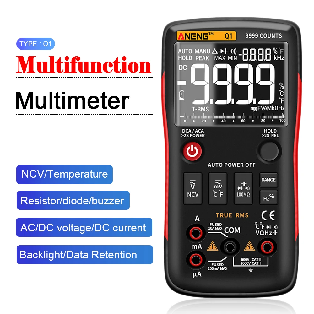 

True RMS Q1 Digital Multimeter Professional Multimetro Transistor Capacitor NCV Ohm Tester Auto 9999 Counts With Analog