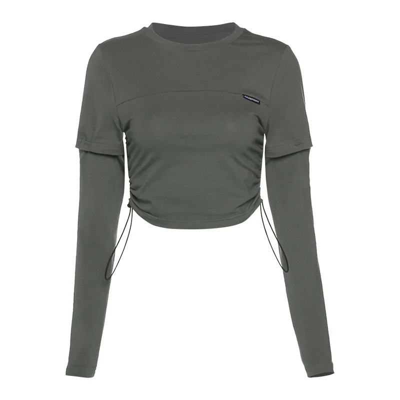

Solid Color Women T Shirt Crop Top Bandage Long Sleeve Sexy Streetwear Summer Clothes Drawstring Removable Long Sleeves T-shirt