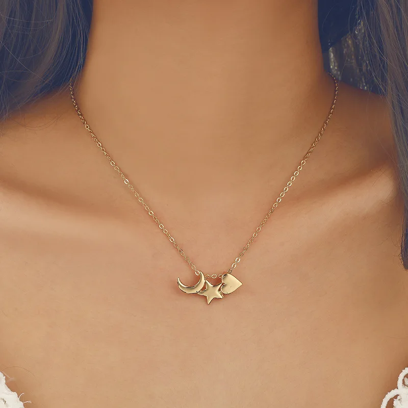 Однослойный простой стиль дамы ключицы цепи Звезда Сердце луна кулон ожерелье