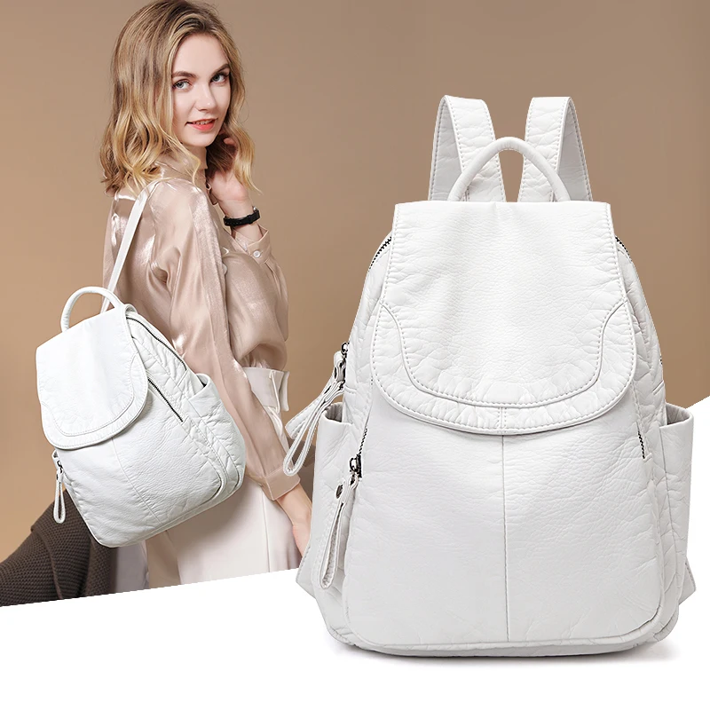 

Soft Leather White Backpack Women Shoulder Bags New 2021 Travel Mochila Escolar Nina Casual Bolsa Feminina School Bagpack