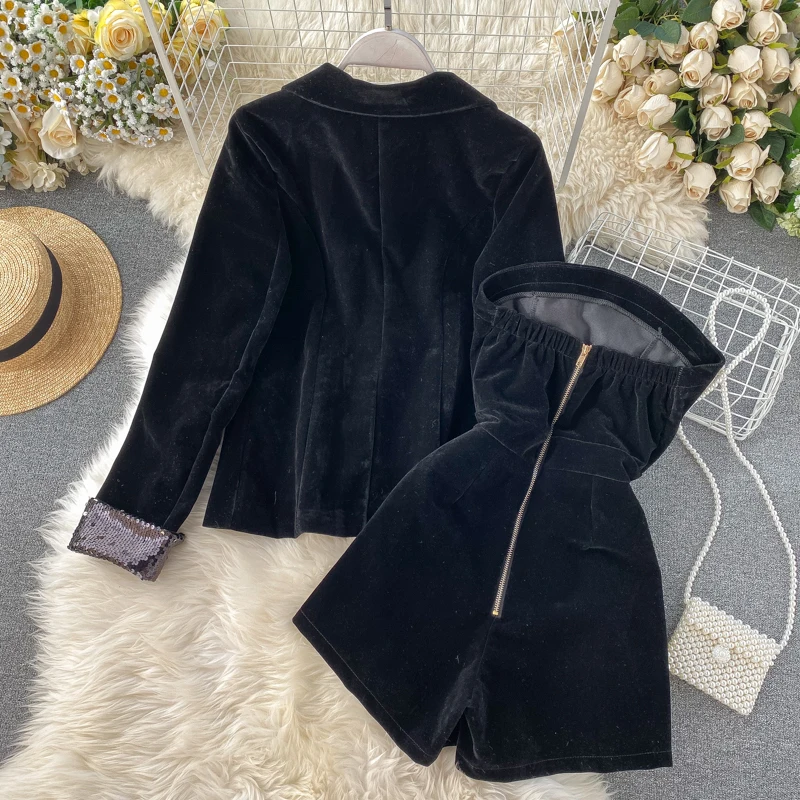 2020 новый модный весенний черный бархатный пиджак + комбинезон на груди комплект