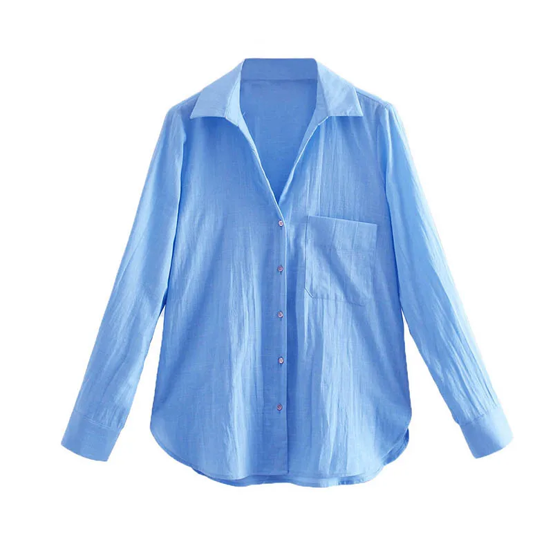 Блузка женская льняная в европейском стиле с длинными рукавами и карманами