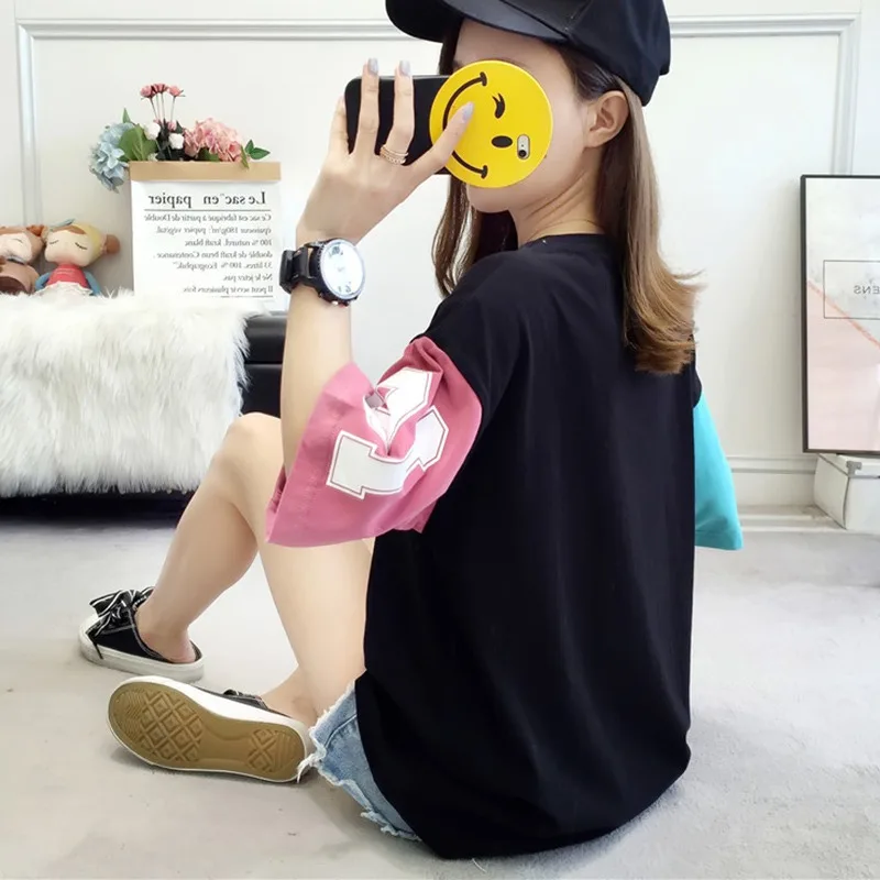 2019 женские футболки Япония панк Kawaii Ulzzang Лето свободные буквы печать кольцо
