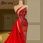 Женское вечернее платье-русалка, красное платье на одно плечо с высоким разрезом сбоку, роскошное платье для выпускного вечера, одежда для дня рождения