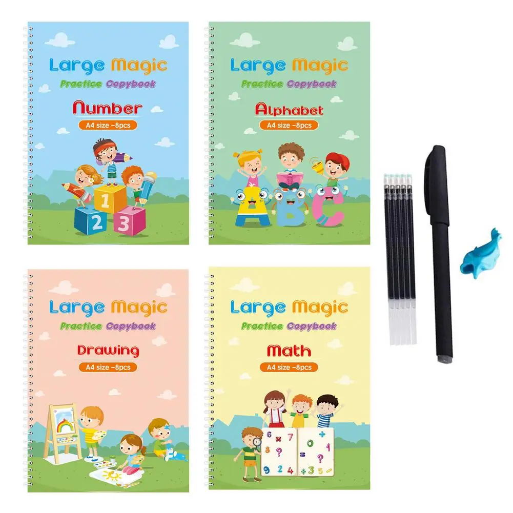 

Children's Magic Books + Pen Reusable 3D Calligraphy Copybooks English Number Lettering Practice Free Wiping Toys 4 Books/Sets