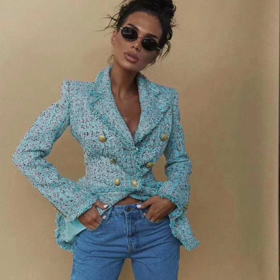 Модное клетчатое Женское пальто с длинным рукавом двубортное облегающее