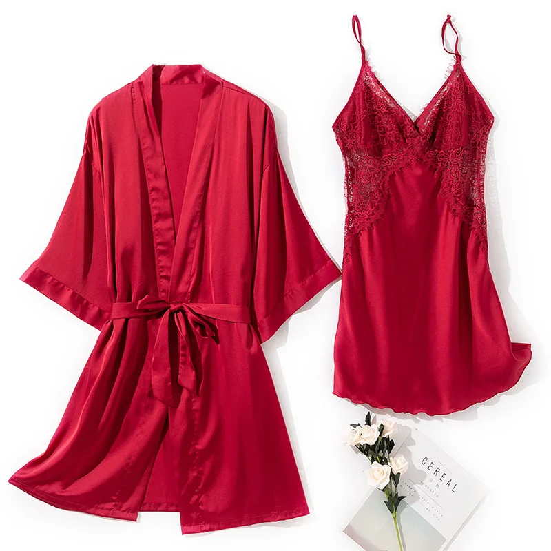 

Satin Nightwear Kimono Gown Spring Autumn New Sleepwear Women Sexy 2PCS Robe Set Lace Bridal Wedding Gift Intimate Lingerie