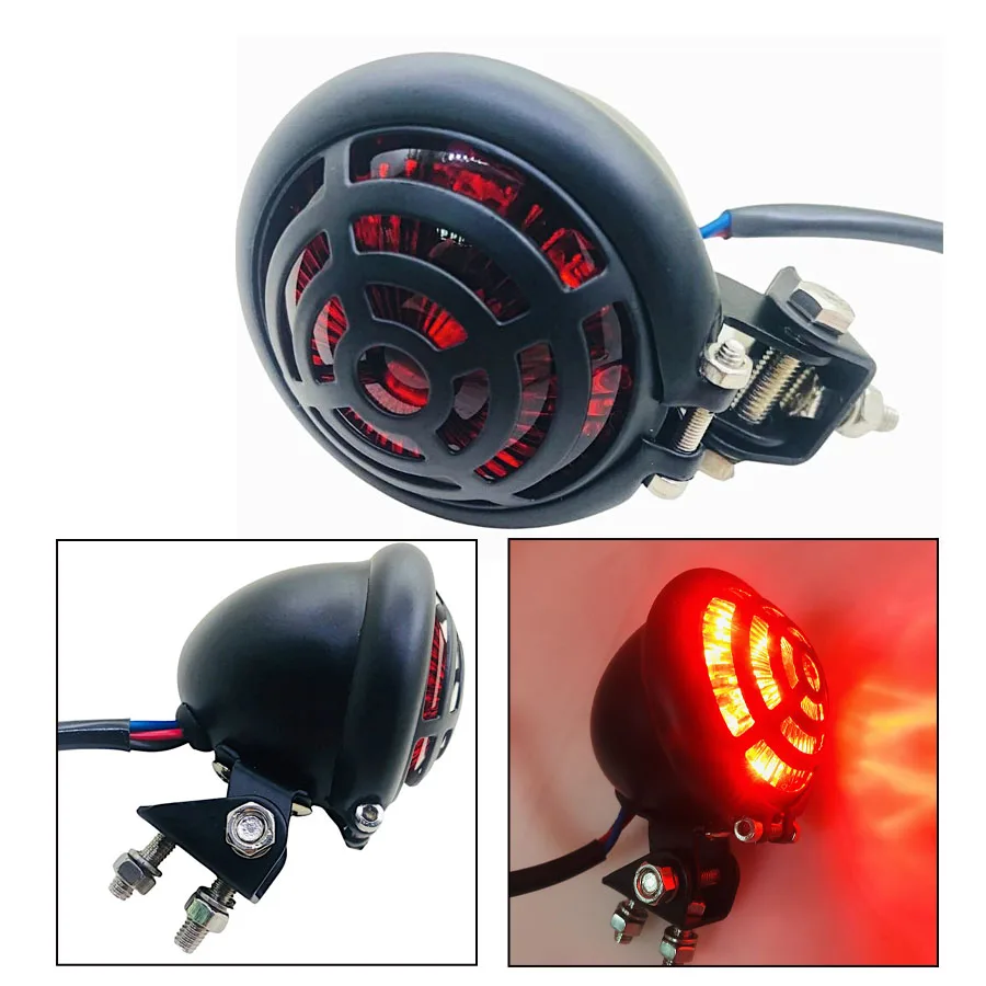 

Black Alloy Round Retro Motorcycle Brake Stop LED Light Universal Scooter Rear Indicator For Honda Yamaha Suzuki Cafe Racer