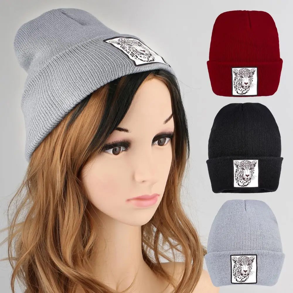Красная Вязаная Зимняя шапка унисекс с черепами леопардовые шапки женские