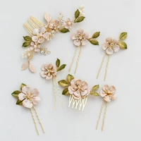 white enamel flower hair comb green leaves hair pin simple bridal hair comb wedding hair accessories