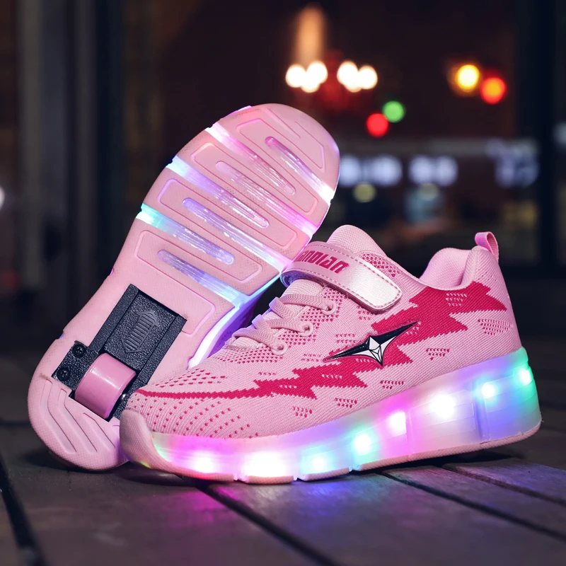 Blue Pink Orange USB Charging Fashion Girls Boys LED Light Roller Skate Shoes For Children Kids Sneakers With Wheels One wheels | Детская