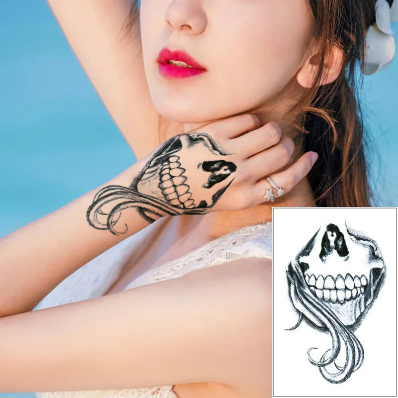 Временные водонепроницаемые боди-арт тату стикер Длинные волосы череп женщина