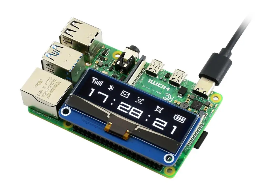 Дисплей Waveshare OLED 2 23 дюйма шляпа для Raspberry Pi 128 × 32 пикселя интерфейс SPI/I2C |