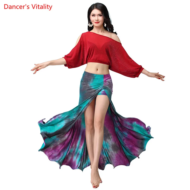 

Women Belly Professional Silver line Net Yarn Top / Long Cotton Skirt Set Belly Dance Dance Set For Girls