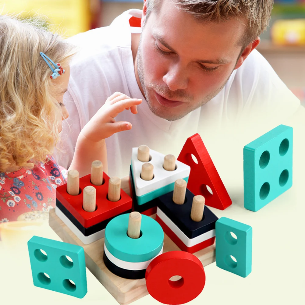 

Wooden Building Block Multifunctional Geometry Babies Early Educational Geometric Shape Recognition Pillar Blocks
