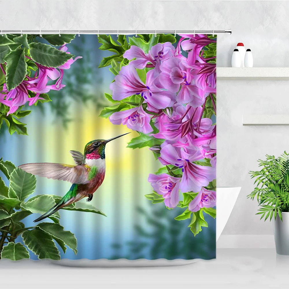 

Занавеска для ванной из водонепроницаемой ткани, 3d-занавеска с фиолетовыми цветами, птицами, сельским пейзажем, s-образные растения, нордиче...