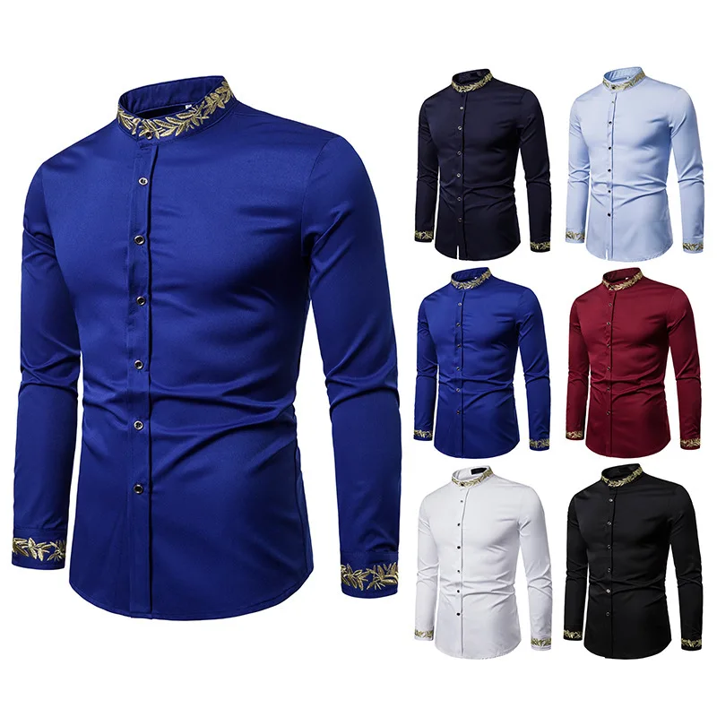 Mens Shirts Long Sleeve Slim Fit Embroidery Pattern Button Down Stand Collar Tops S-2XL