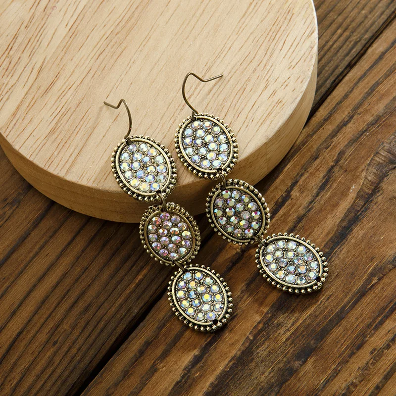 

2020 New Vintage Pave AB Crystal 3 Oval String Drop Earrings for Women