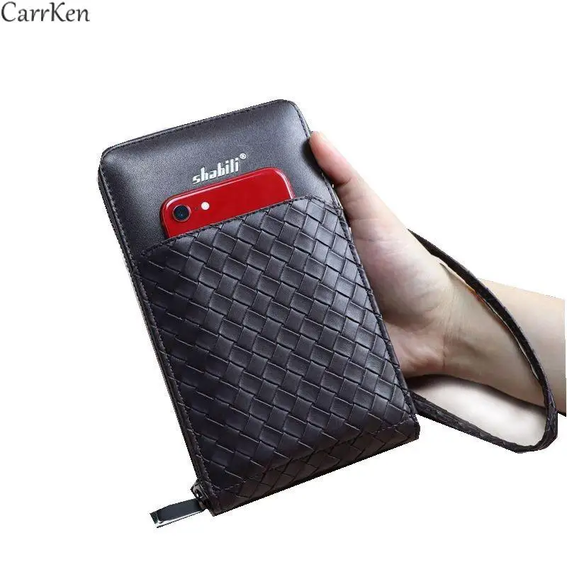 

Men's Wallet Woven Pattern Clutch Male Long Purse billeteras para hombre Business Zipper Card Holder Cell 2021 Men Phone Pocket