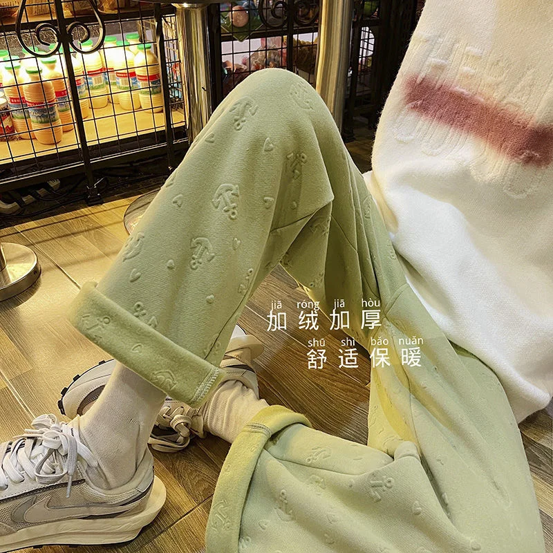 

Мужские зимние Утепленные плюшевые повседневные брюки, свободные утепленные прямые брюки с эластичным поясом, зеленые/черные спортивные брюки, 2021