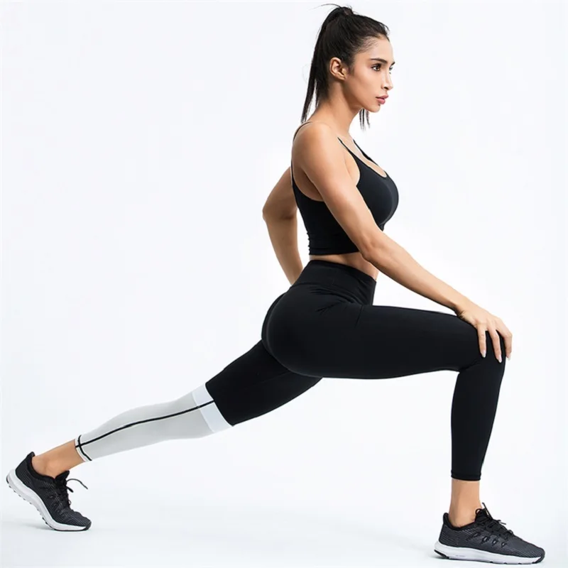 Леггинсы для фитнеса женщин в полоску комбинированные штаны йоги пота леггинсы костюм спортивные