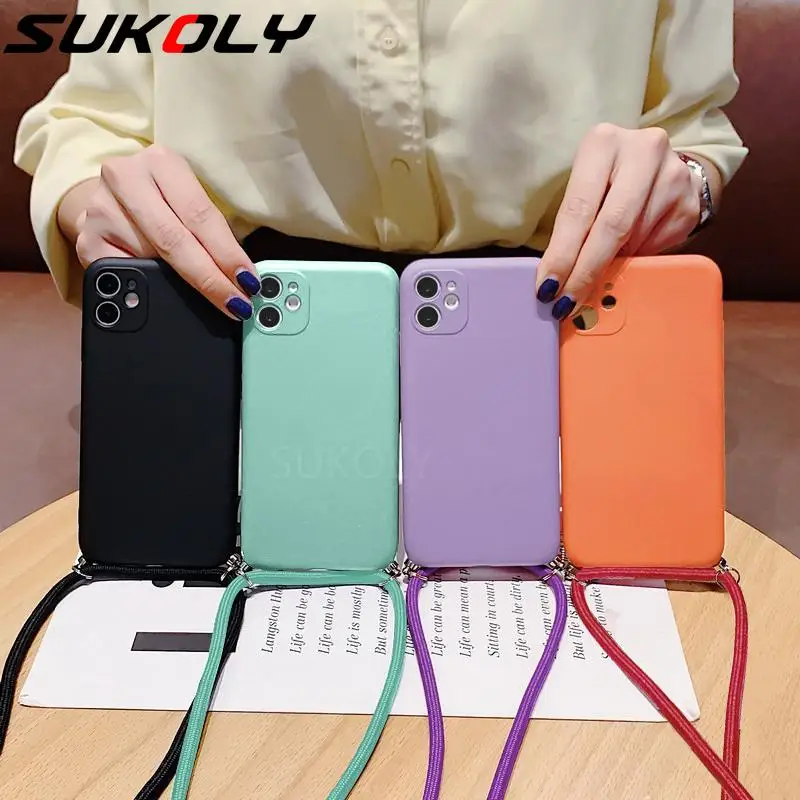 

For iPhone 12 11 Pro Max SE 2020 XS Max XR X 8 7 6 Plus Camera Protection Crossbody Trap Candy Color Liquid Silicone Phone Case