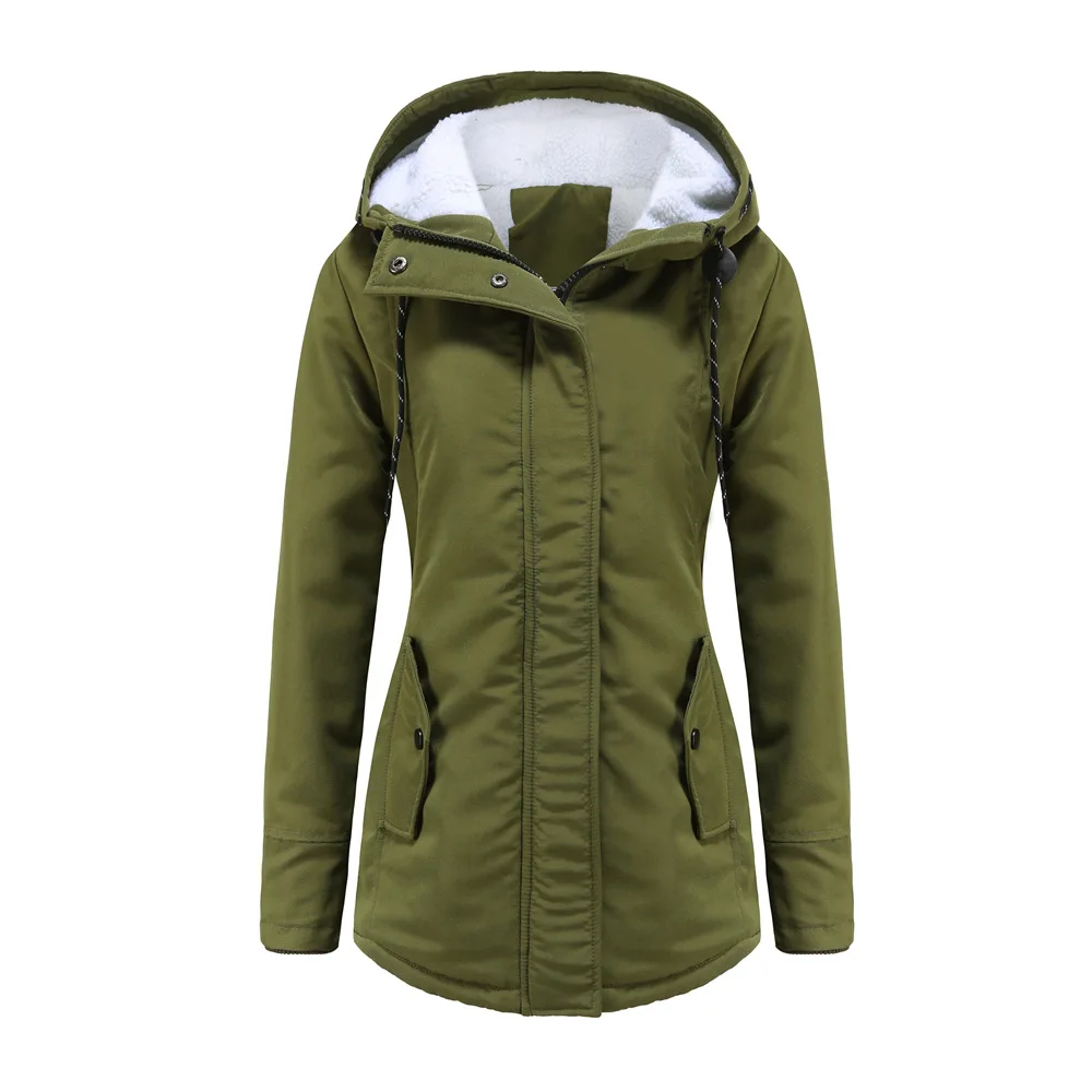 

2021 Autumn Winter Fleece Hooded Parkas Slim Women Long Jacket Zipper Waterproof Coat Long Sleeve Thick Warm Padded Outerwear