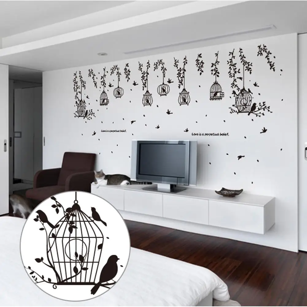Black Bird Cage and Leaves Silhouette Patterns Wall Stickers TV Background Sticker Decorative Dining Hall Room Decoration | Дом и сад
