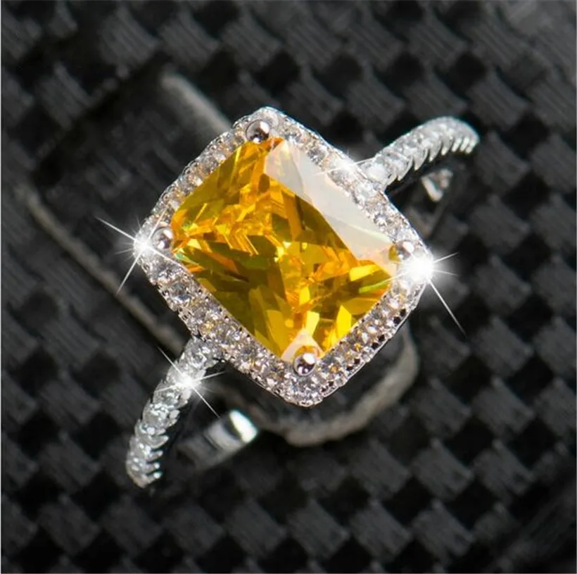 Настоящее Серебро s925 пробы Свадебные Кольца для женщин принцесса cut Желтый 5a CZ
