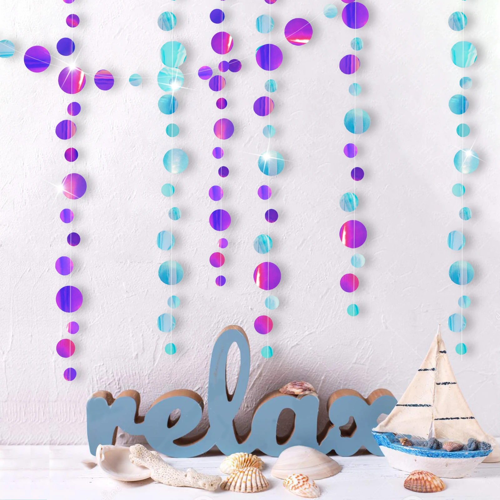 

Blue Purple Iridescent Waterproof Bubble Circle Garlands Hanging Dots For Under The Sea Birthday Mermaid Party Banner Decoration