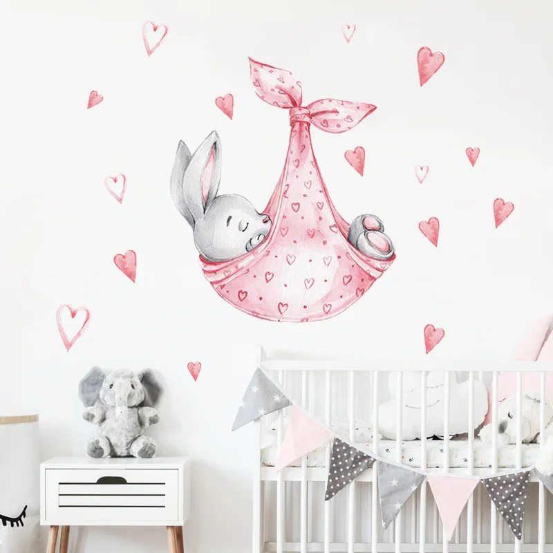 Buy Cartoon Love Bunny Wall Stickers For Kids Rooms Baby Nursery Bedroom Decoration Animals Decor Self-adhesive Wallpaper on