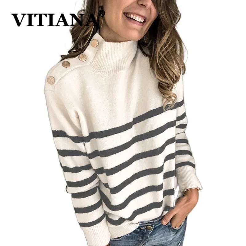 Женский полосатый свитер VITIANA повседневный вязаный с длинными рукавами и