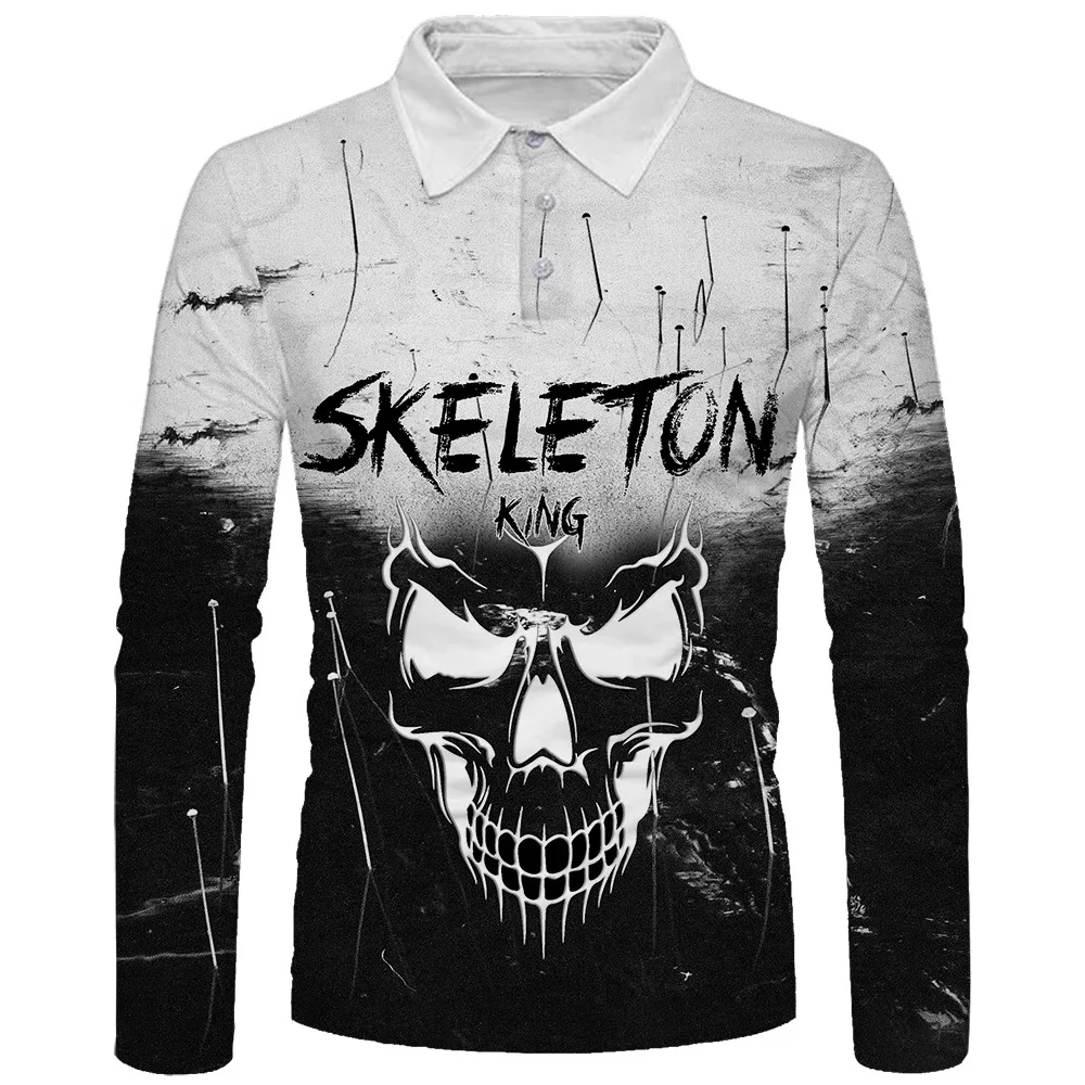 

Horror Head Skeleton 3D Pattern Shirt Spring And Summer Long Sleeved V-neck Clothes Gradient Button Lapels Tops Streetwear Cool