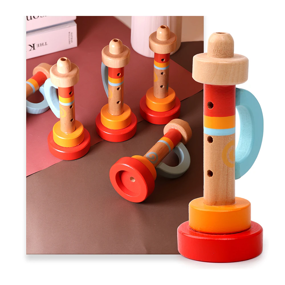 

Baby Wood Musical Instrument Toys Small Speaker Wooden Vertical Whistle Small Speakers Trumpet Toy with Handle for Children Kids