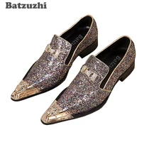 batzuzhi 100 brand new men shoes handmade pointed gold metal toe dress shoes men shiny weddingparty shoes sapatos masculino