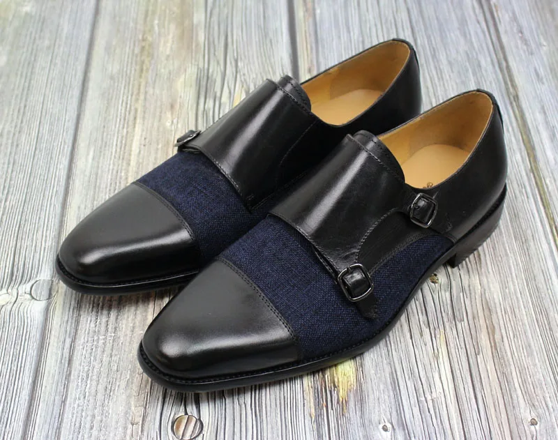 DANIEL WAFER Brand Designer Monk Strap Mens Dress Shoes Genuine Leather With Denim Black Brown Wedding Party Dress Shoes Men