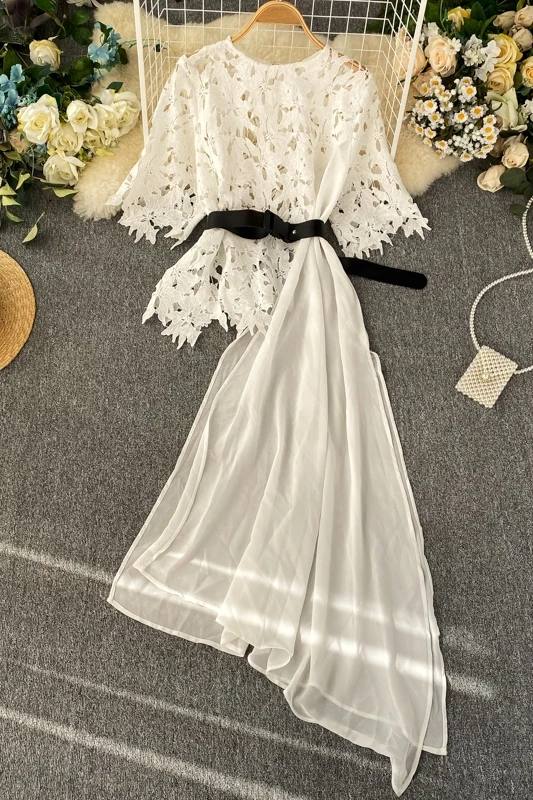 

Elegant Lace Blouse Women Chiffon Irregular Ruffles Stitching Shirt Femme Hollow Lace Blouse Blusas Mujer De Moda 2021 Summer