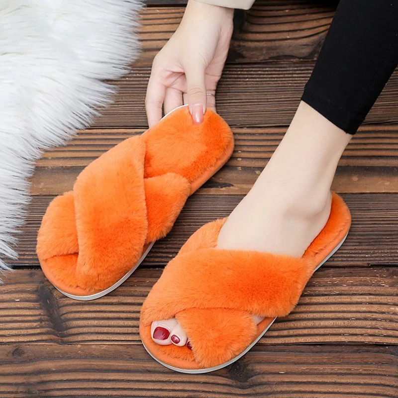 

2020 Winter Women House Slippers Faux Fur Open Toes Colorful Cross Vamp Furry Slippers Warm Flats Female Slides Cozy Woman Shoes