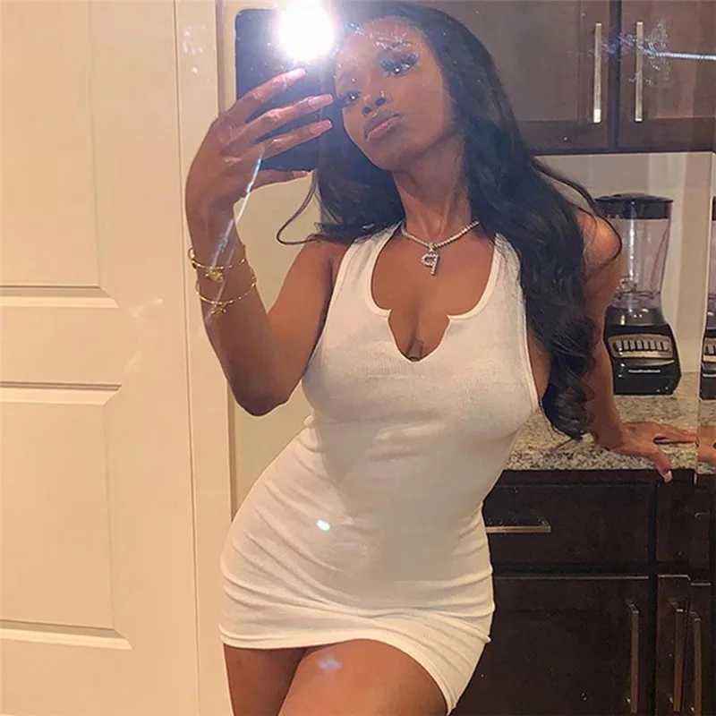 

Cotton Sleeveless V-Neck Women Dress Elastic Fitness Fashion Solid White Skinny Mini Dresses Streetwear Outfits