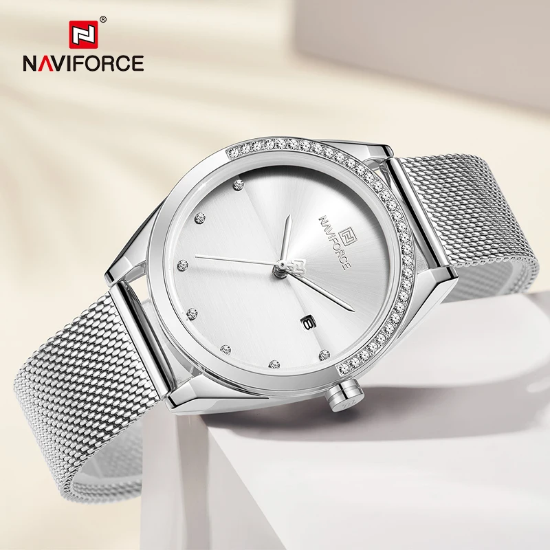 Часы NAVIFORCE женские кварцевые со стразами роскошные стальные наручные с браслетом