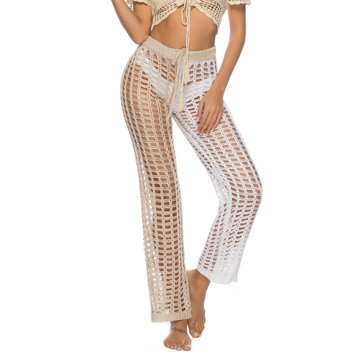

Women Pants Summer New Fashion Knitted High Waist Sexy PantsHollow Out Fishnet Wide Leg Trousers Sexy See Through Beach Pant