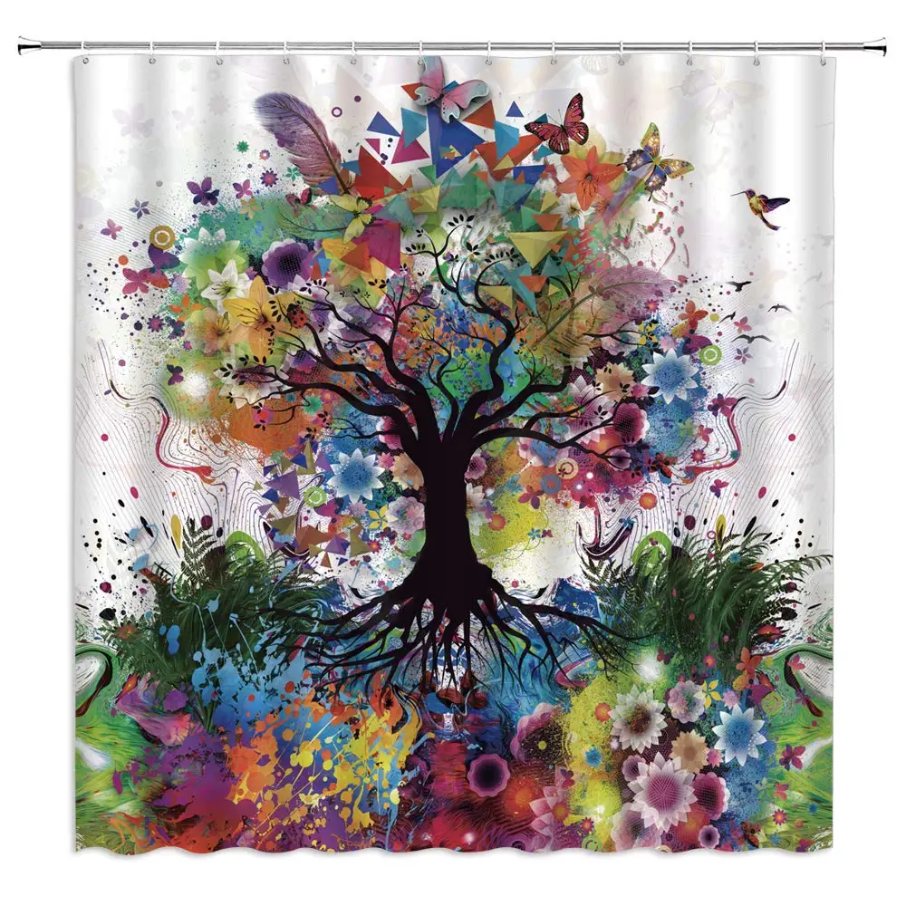 

Colourful Tree Shower Curtain Color Bursting Tree of Life Theme Spring Fantastic Fairy Forest Flower Butterfly Pastoral Branch