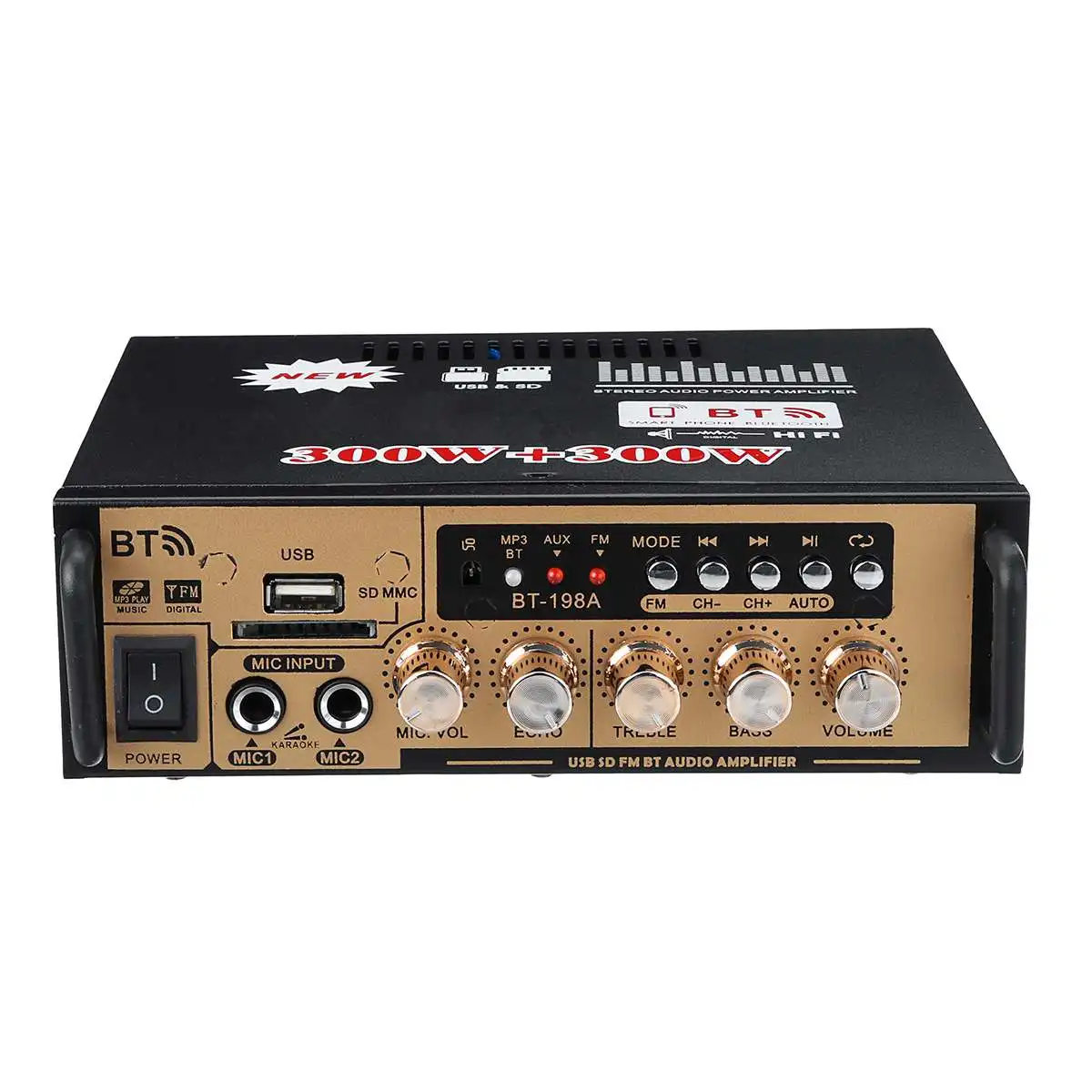 Золотой DC12V/AC220V 600W Автомобильный усилитель bluetooth цифровой аудио усилитель мощности стерео домашний кинотеатр усилители USB FM MP3 плеер