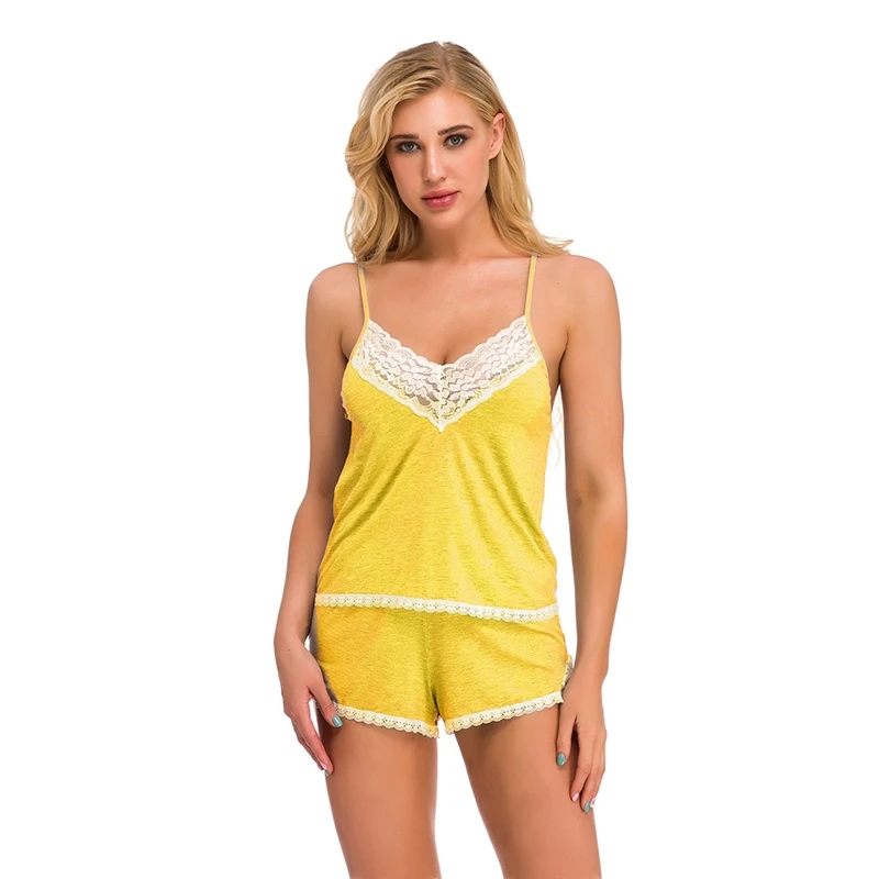 

Women V-neck Lace Stitching Moadl Pajamas Sexy Simulation Sleeveless Tops+Romantic Shorts Two Sets